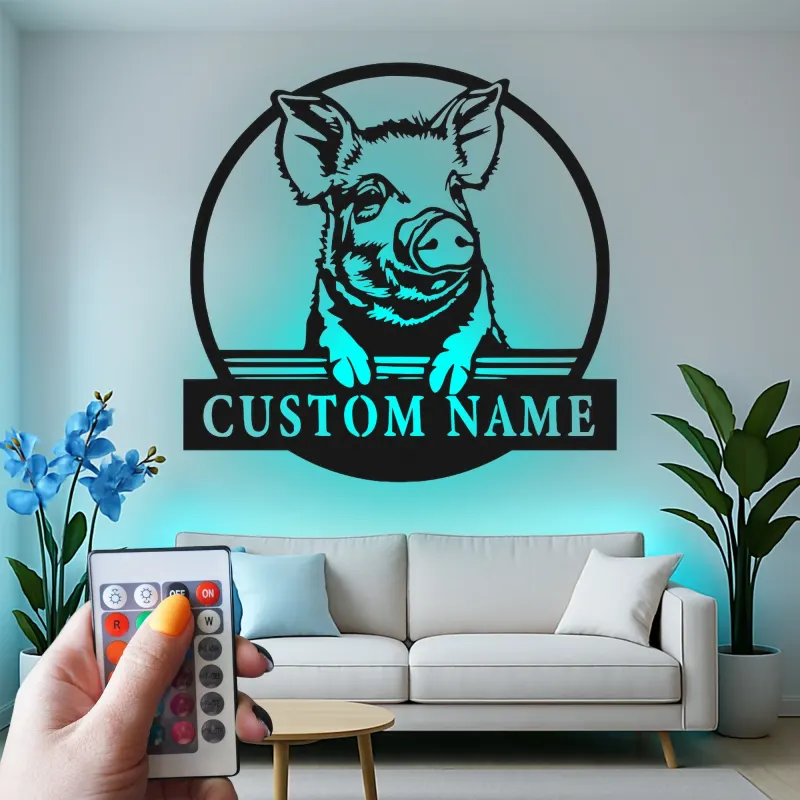 Décoration murale en métal LED personnalisée pour cochon, cadeau de ferme pour les amoureux des animaux, décoration rustique de cuisine ou de grange
