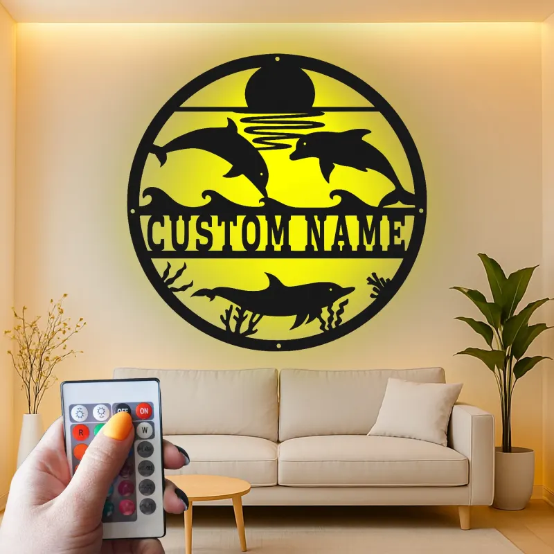 Décoration murale en métal personnalisée scène océanique avec dauphins et rétroéclairage LED cadeau pour maison de plage