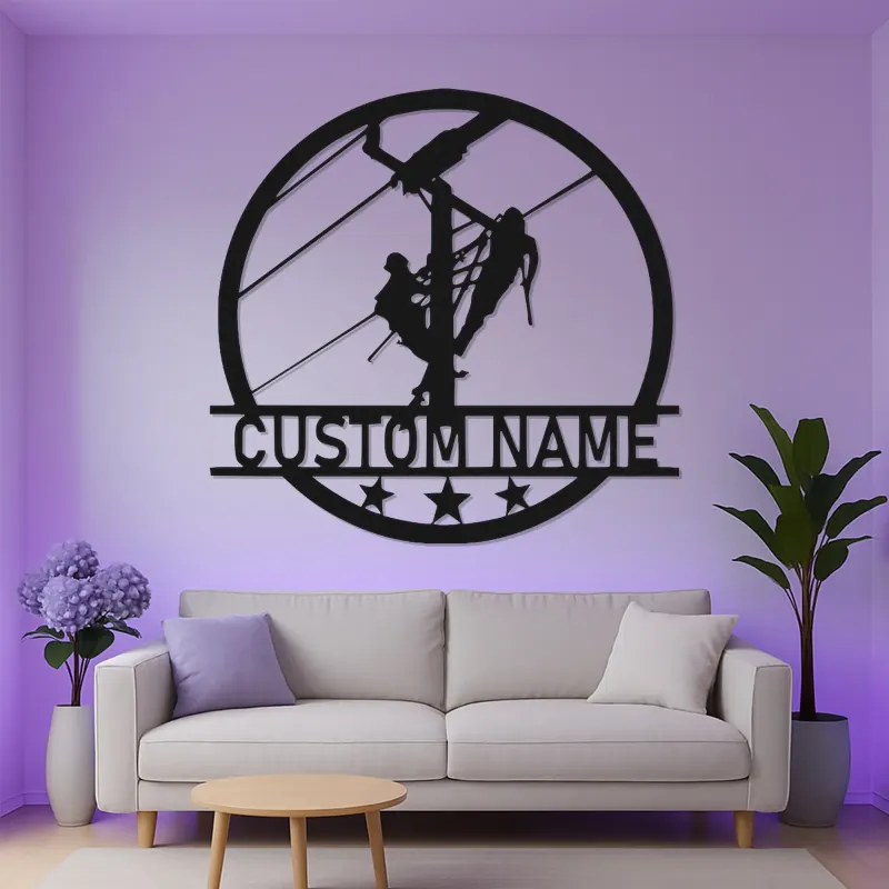 Panneau LED Lineman personnalisé | Décoration murale en métal sur mesure | Cadeau pour électricien et agent de réseau | Déco industrielle pour maison et garage