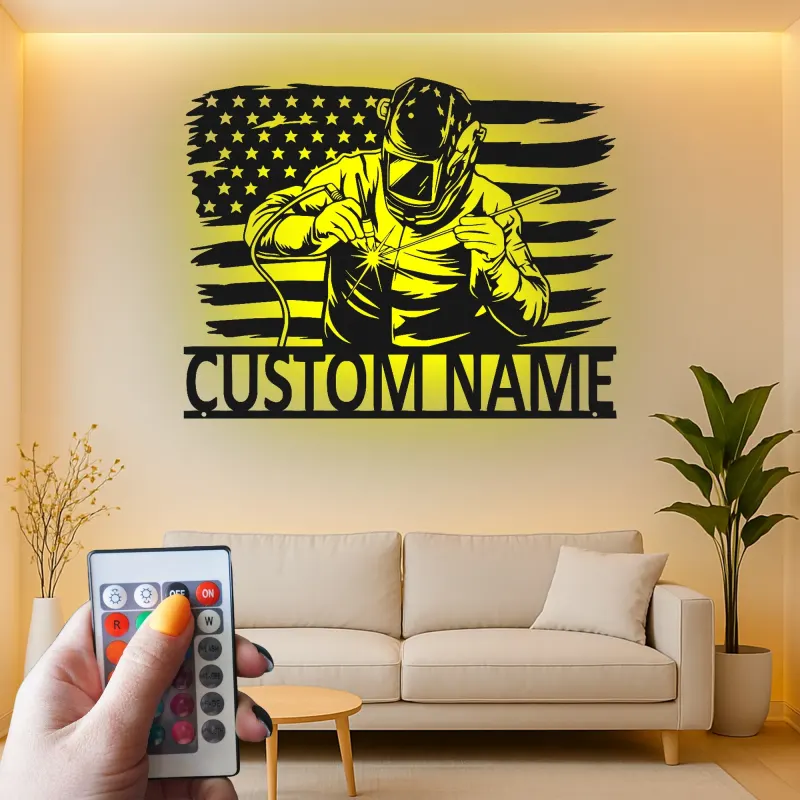 Insegna in metallo personalizzata con saldatore e bandiera americana retroilluminata, regalo personalizzato per officine o garage di saldatori