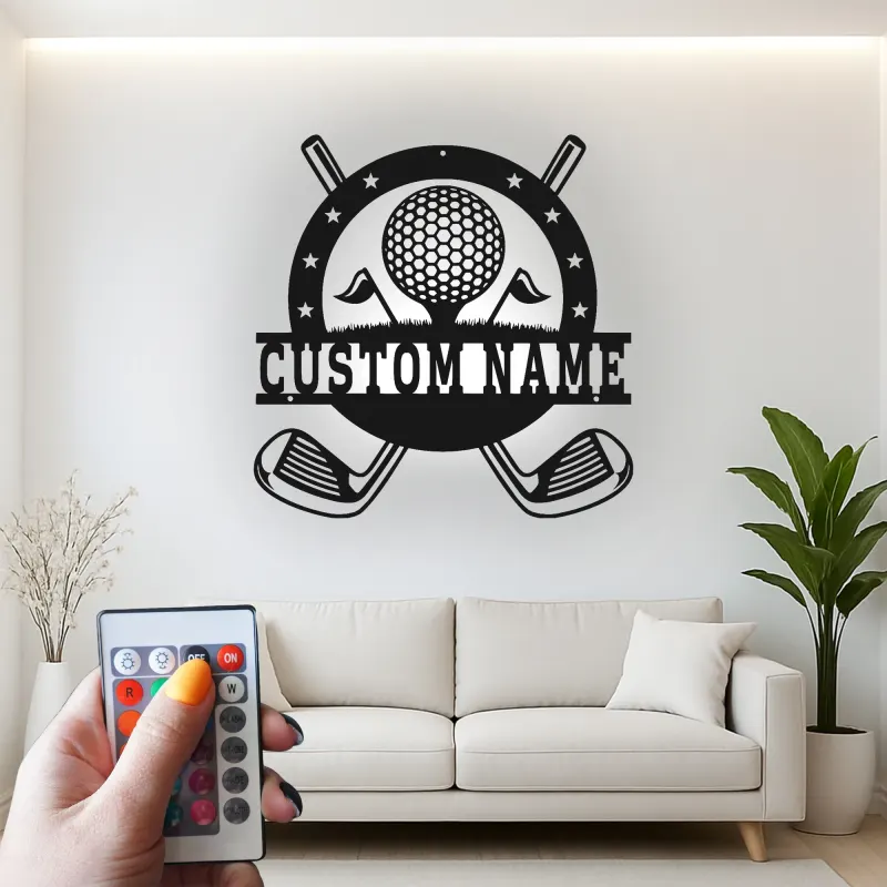 Enseigne prénom de golf personnalisée avec LED | Décoration murale en métal sur mesure | Cadeau golfeur pour lui | Déco man cave et bureau
