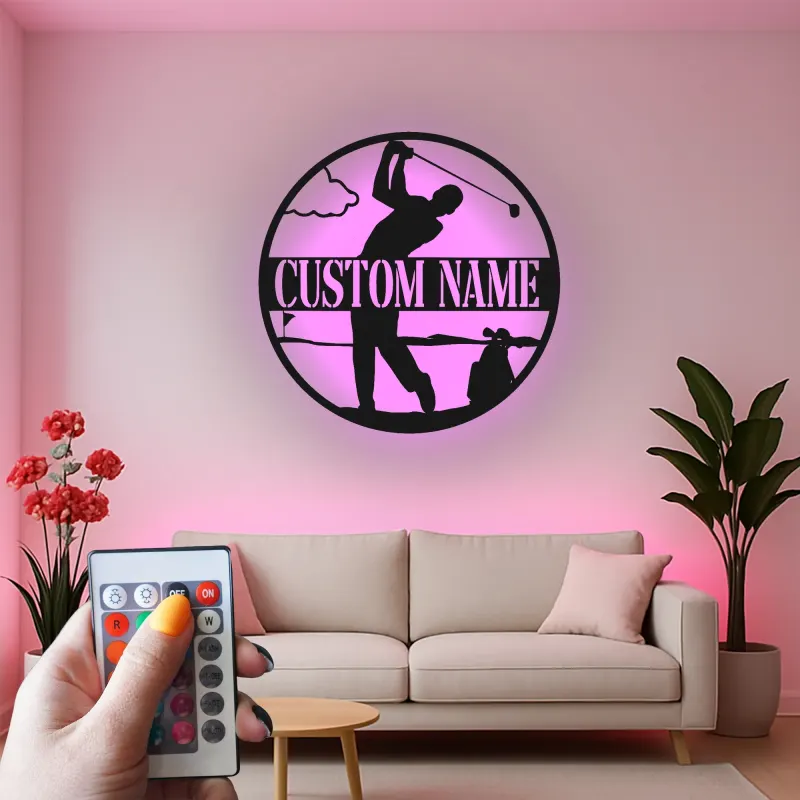 Personalized Golfer Metal Sign | LED Lighted Golf Wall Art | Custom Name Decor for Man Cave & Office Gift