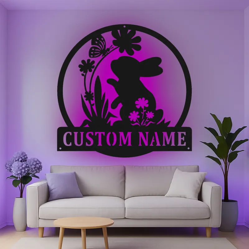 Insegna in metallo LED personalizzata con coniglio e farfalla, regalo per nursery, decorazione per stanza dei bambini