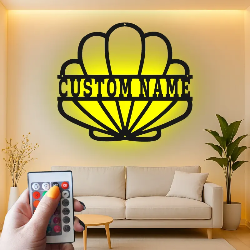 Personalisierte Muschel-Metallschild mit LED | Personalisierte maritime Wandkunst | Dekoration für Strandhäuser & Küstengeschäfte