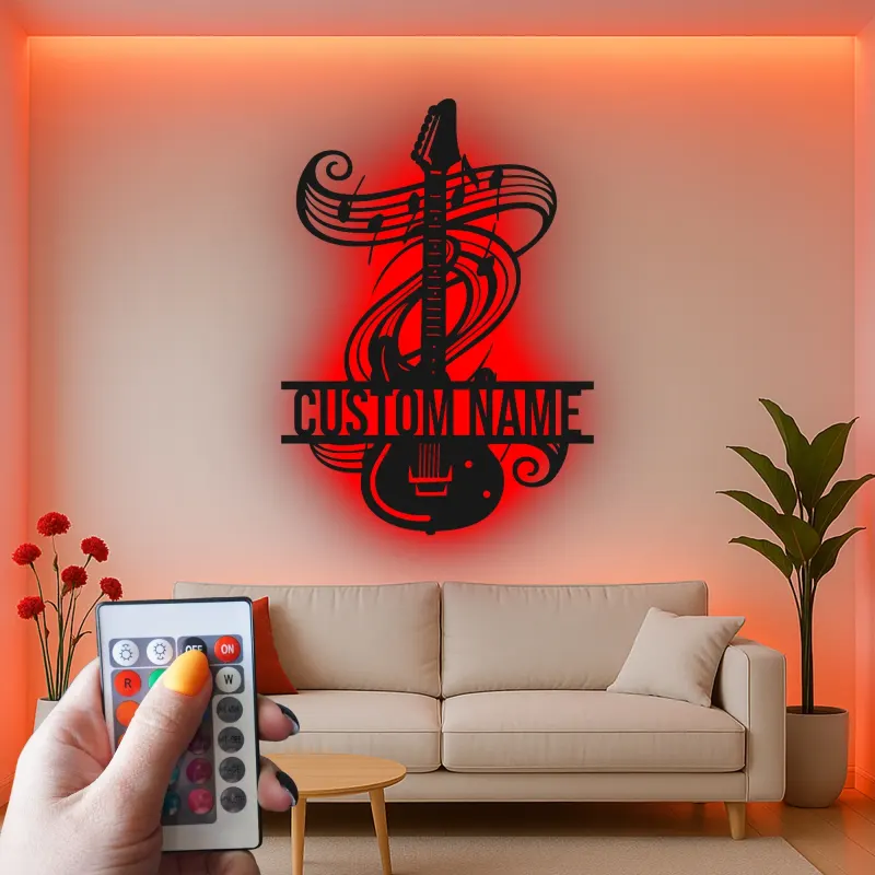 Personalized Guitar LED Sign | Custom Metal Wall Art for Music Studio | Musician Name Plaque with Music Notes