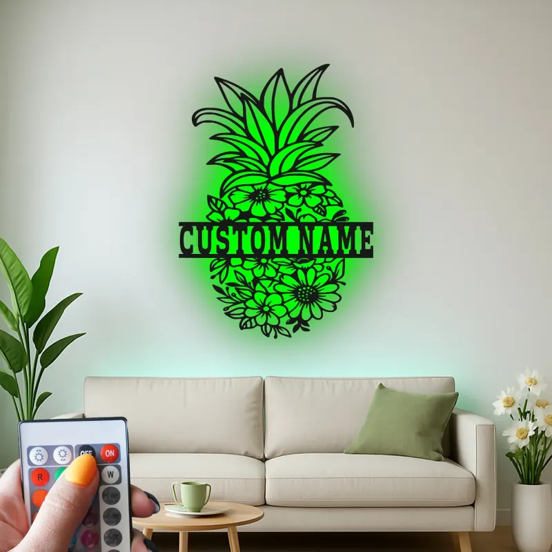 Insegna in metallo a forma di ananas personalizzata con LED | Arte murale floreale su misura | Decorazione tropicale per cucina e patio | Regalo originale per la nuova casa