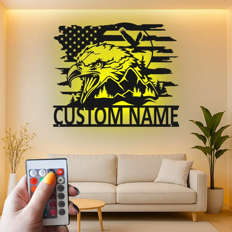 Insegna in metallo LED personalizzata con aquila e bandiera americana - Regalo patriottico per veterani, decorazione per man cave o ufficio