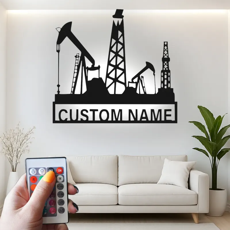 Oil Rig LED Metal Wall Art | Custom Oilfield Name Sign for Office | Industrial Drilling Decor Gift for Engineer