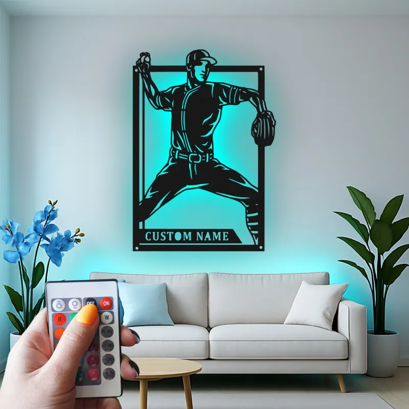 Insegna in metallo personalizzata con luce LED per lanciatore di baseball - Regalo personalizzato per appassionati di sport e decorazione per sala giochi