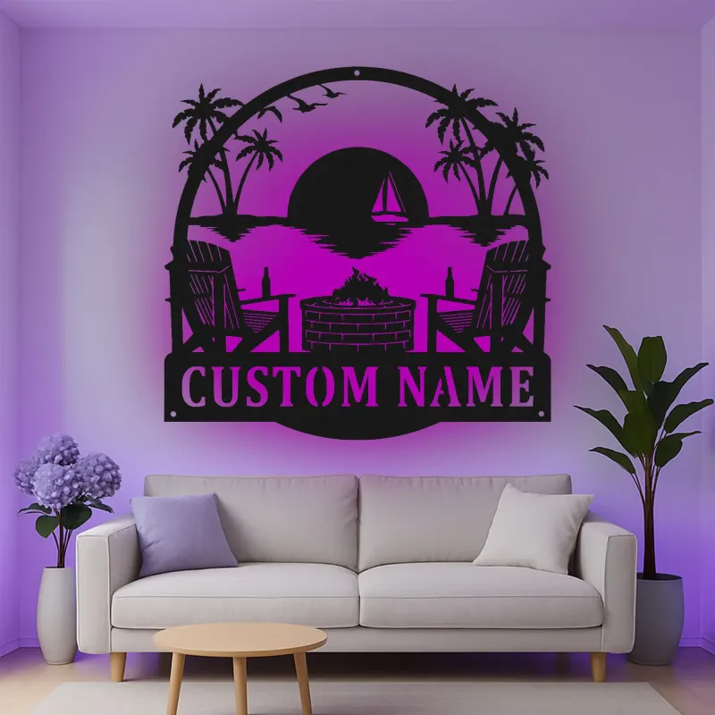 Décoration murale en métal personnalisée coucher de soleil sur la plage avec rétroéclairage LED cadeau pour couples décoration de patio ou salon