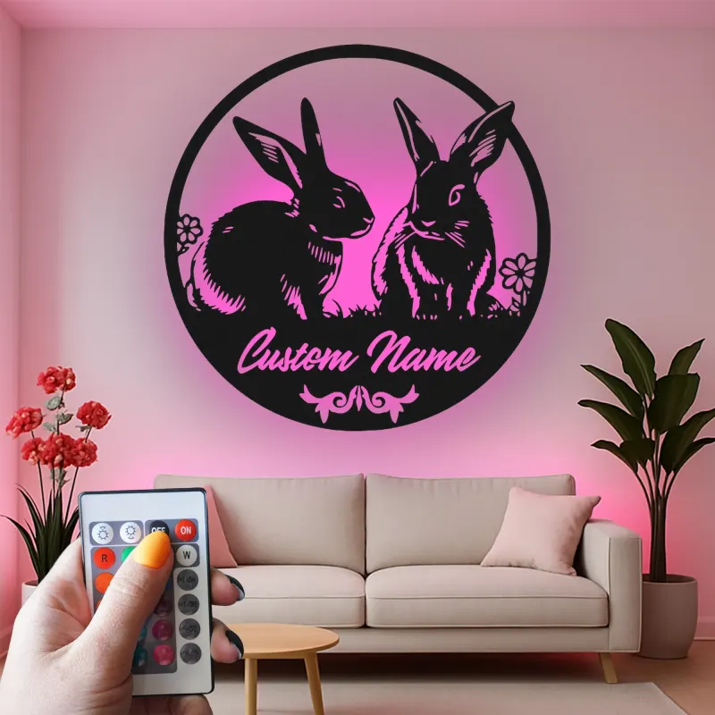 Insegna in Metallo Personalizzata con Coniglio e LED | Arte in Metallo del Coniglio | Decorazione per Nursery e Casa per Amanti degli Animali
