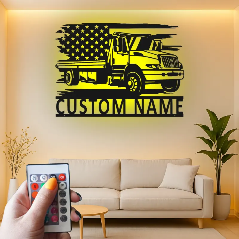 Enseigne camion de dépannage plateau personnalisée | Décoration murale LED en métal | Décor drapeau américain pour garage ou bureau | Cadeau pour chauffeur routier