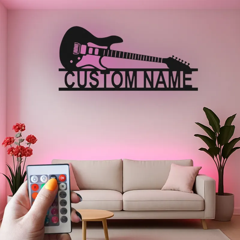 Letrero LED de guitarra personalizado | Decoración mural de metal personalizada para sala de música | Decoración retroiluminada con nombre para músico y regalo para guitarrista
