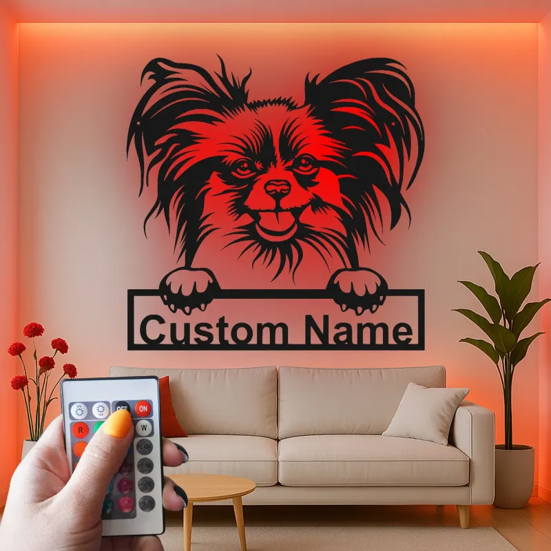 Art Murale Métal LED Chien Papillon | Panneau de Nom Personnalisé pour Animal de Compagnie | Cadeau Personnalisé pour Maman Chien | Décoration Moderne pour Salon