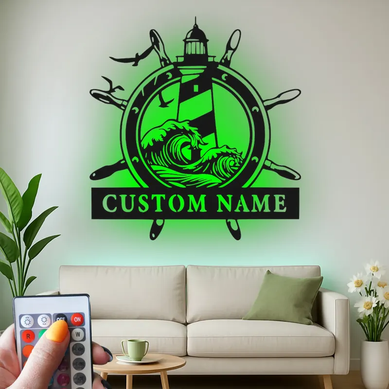 Custom Lighthouse Wall Art | Personalized LED Metal Sign with Nautical Waves | Beach House Decor & Sailor Gift
