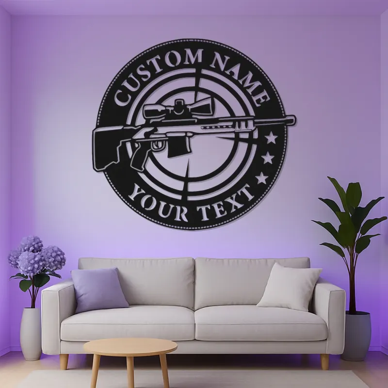 Sniper Rifle LED Metal Wall Art | Personalized Gun Sign for Man Cave | Custom Shooter Gift with RGB Lights