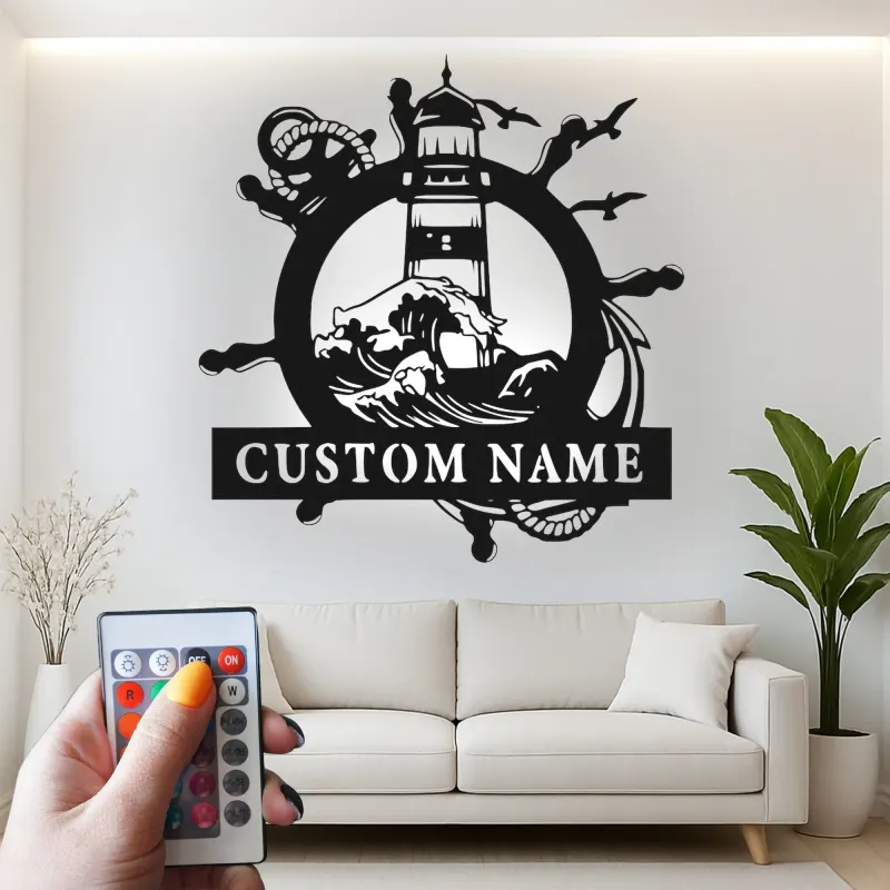 Insegna in metallo personalizzata Faro | Arte murale nautica LED | Decorazione per casa al mare personalizzata | Regalo per marinai e accento per casa costiera