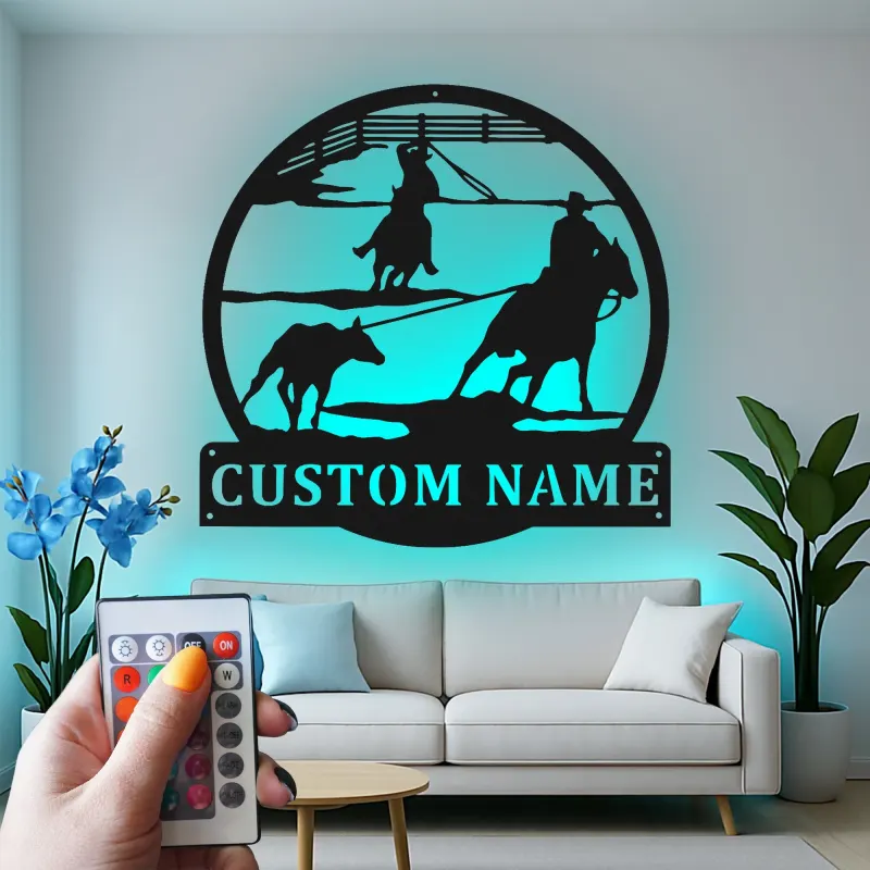 Décoration murale en métal LED personnalisée Rodeo Cowboy - Cadeau western pour lui - Décor ranch rustique