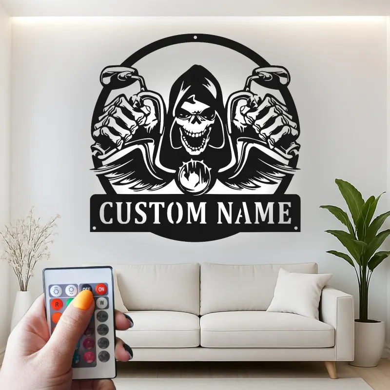 Plaque en métal Faucheuse à moto | Décoration murale LED personnalisée | Plaque motard sur mesure pour garage et man cave