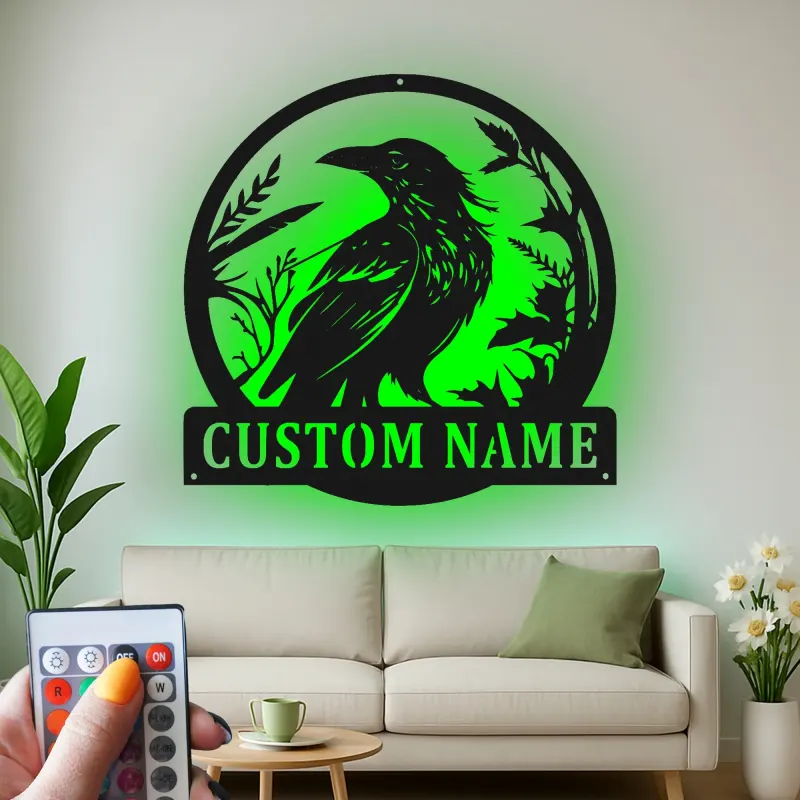 LED Raven Metal Wall Art | Personalized Bird Lover Gift | Custom Name Sign for Garden | Outdoor Nature Decor