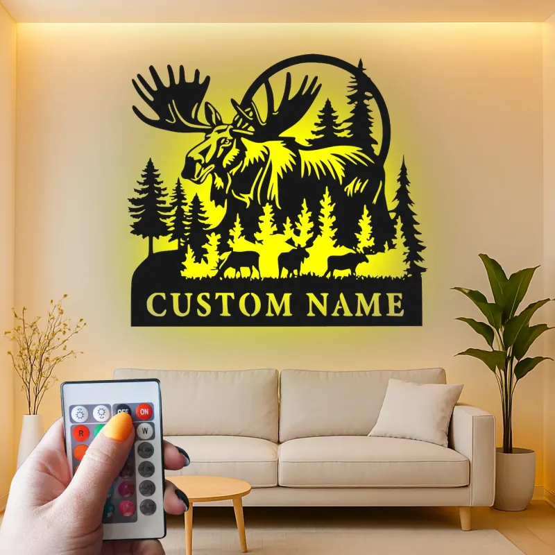 Custom Moose Family Metal Sign | LED Wall Art for Cabin & Lodge Decor | Personalized Rustic Wildlife Nature Lover Gift