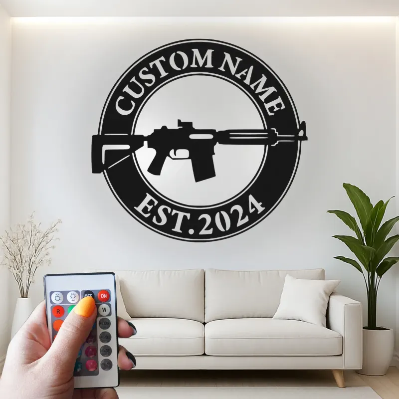 Custom Rifle LED Metal Sign | Personalized Gun Owner Wall Art | Man Cave & Gun Room Decor | Hunter Gift