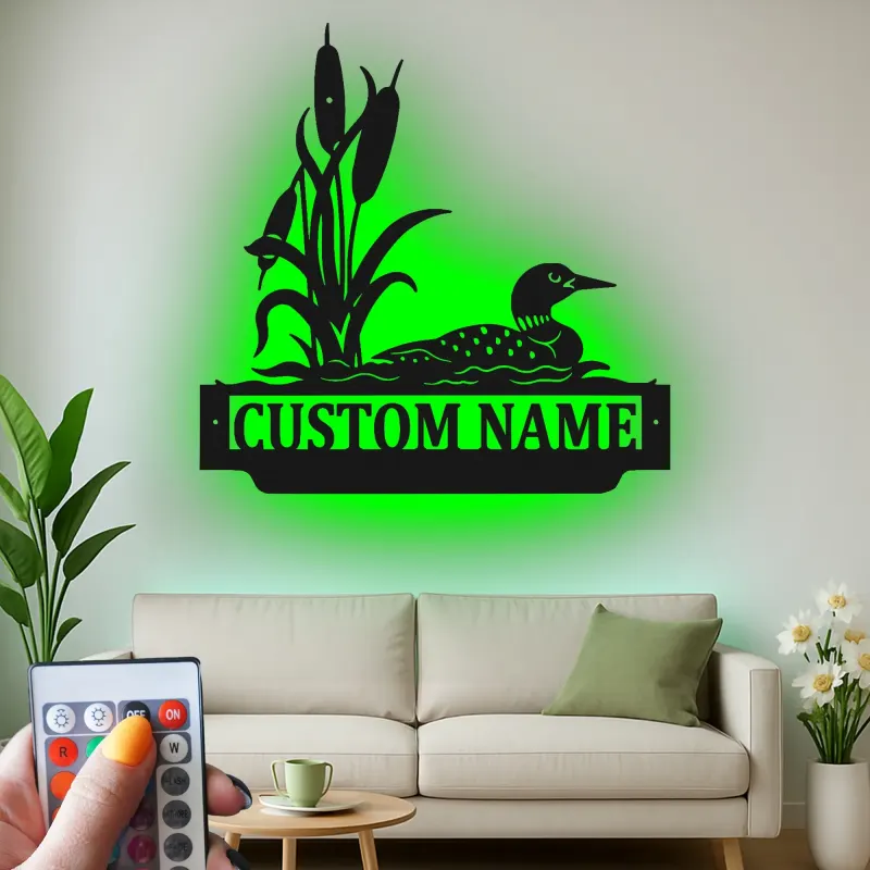 Insegna in metallo personalizzata con loon e canne di palude luce LED regalo per la natura decorazione per casa al lago