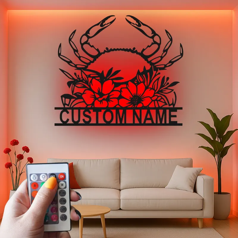 Personalisierte Krabbe mit Blumenmotiv – LED-Metall-Wandkunst, Küstengeschenk für Strandhaus-Deko