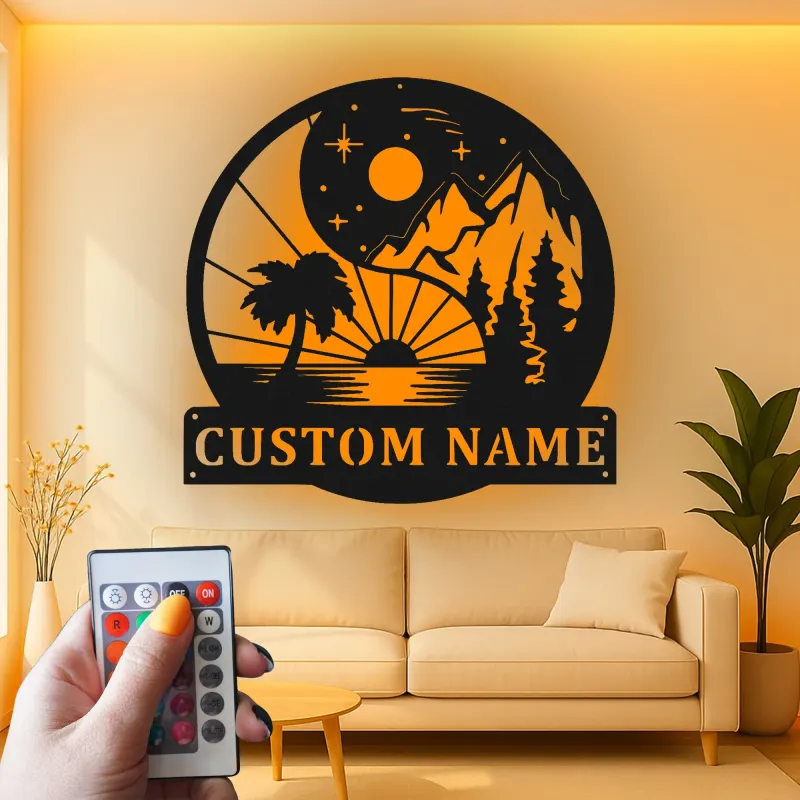 Personalized Yin Yang Metal Sign | LED Mountain Beach Art | Custom Name Decor for Home & Business