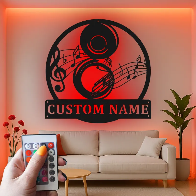 Panneau en métal LED personnalisé pour musicien | Art mural personnalisé de tuba | Décoration de notes de jazz pour studio et bar à domicile | Cadeau pour musicien