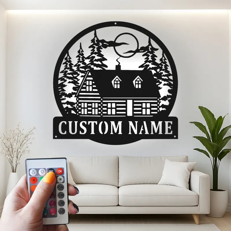 Custom Cabin in the Woods Led Light Metal Wall Art Personalized Housewarming Gift Rustic Home Decor