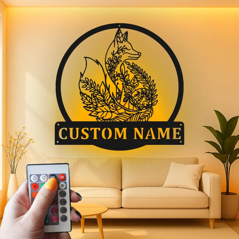 Plaque prénom renard personnalisée | Décoration murale LED en métal pour chambre d’enfant | Déco animalière forêt | Veilleuse pour chambre d’enfant