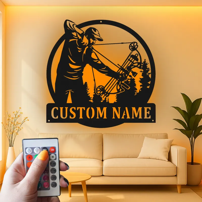 Insegna in metallo LED personalizzata per cacciatori di archi - Regalo per appassionati di tiro con l'arco - Decorazione per man cave o cabin