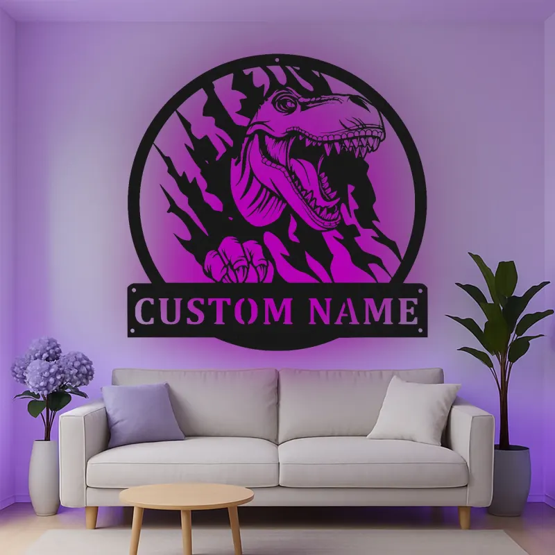 Cartel de metal personalizado de luz LED de dinosaurio T-Rex regalo personalizado para la habitación o sala de juegos de los niños