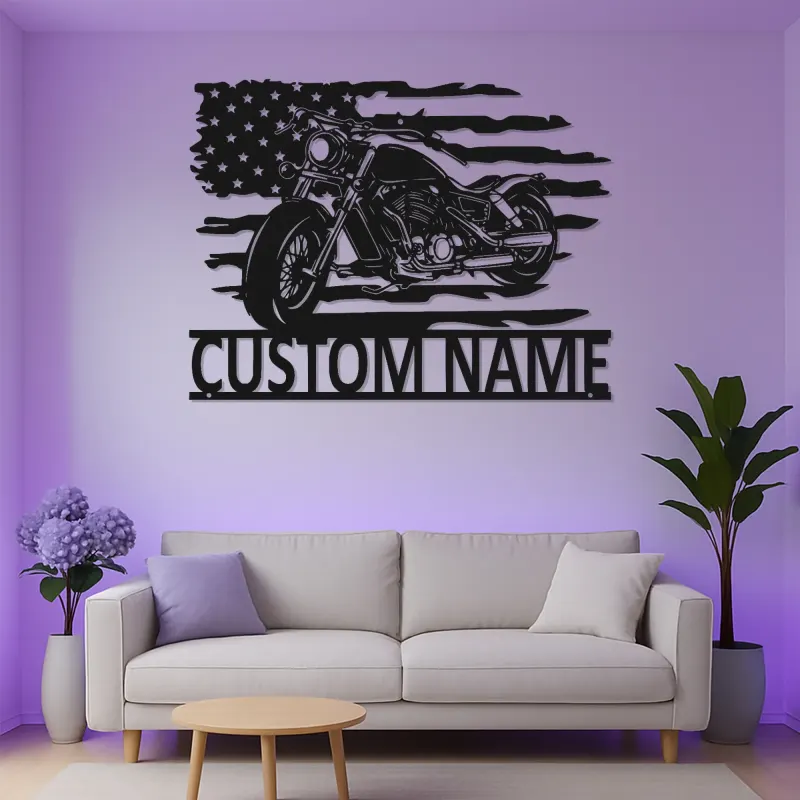 Custom Motorcycle Metal Sign | LED American Flag Wall Art | Personalized Biker Name Plate | Garage Decor for Men