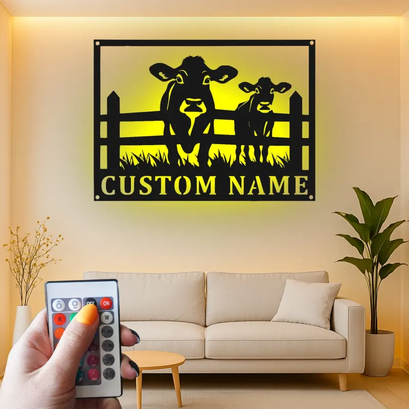 Insegna in metallo LED personalizzata con mucca e vitello - Regalo per agricoltori - Decorazione rustica per fienile