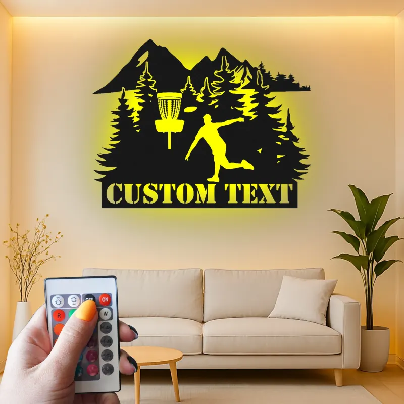 Cartel de metal personalizado con jugador de golf de disco, regalo iluminado LED