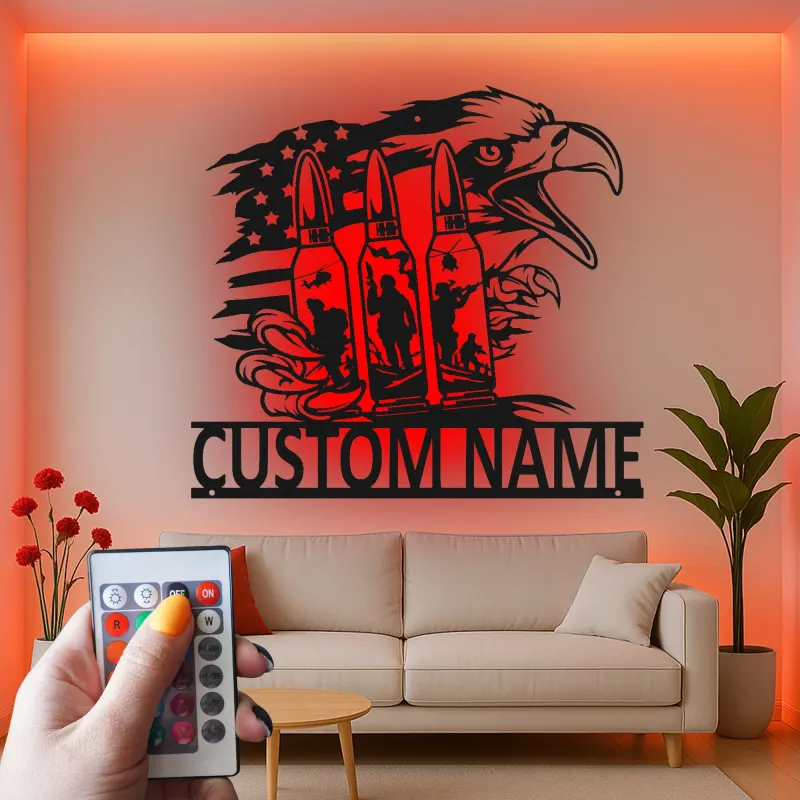 Custom Military Eagle Led Light Metal Wall Art Personalized Patriotic Gift for Veterans Man Cave or Office Decor