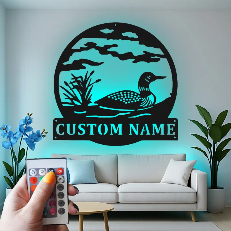 Custom Loon Lake Scene Led Light Metal Wall Art Personalized Nature Lover Gift Cabin Decor