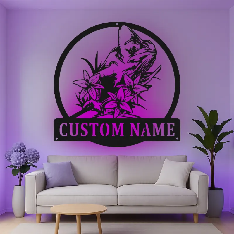 Insegna in Metallo LED Personalizzata a Tema Camaleonte - Regalo Unico per Amanti dei Rettili per Decorare la Camera o il Soggiorno 2