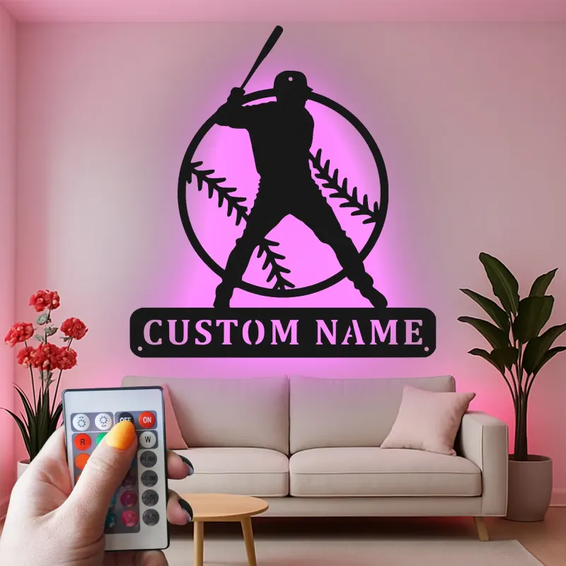 Décoration murale en métal personnalisée joueur de baseball avec rétroéclairage LED