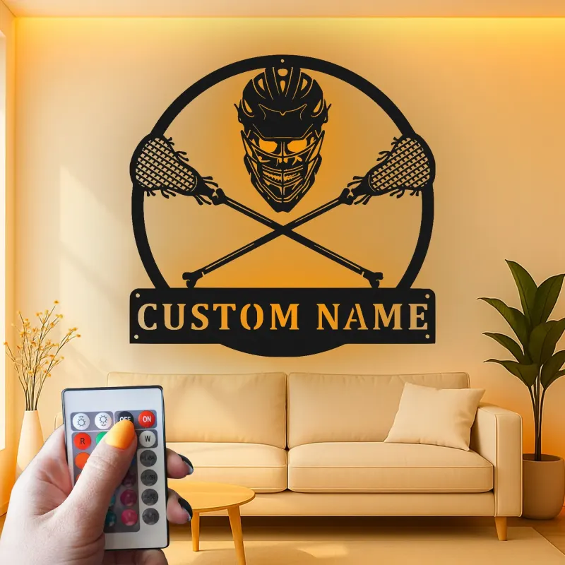 Panneau Métal de Gardien de Lacrosse Personnalisé | Art Murale LED avec Nom Personnalisé | Décor de Chambre d'Athlète & Cadeau Sportif