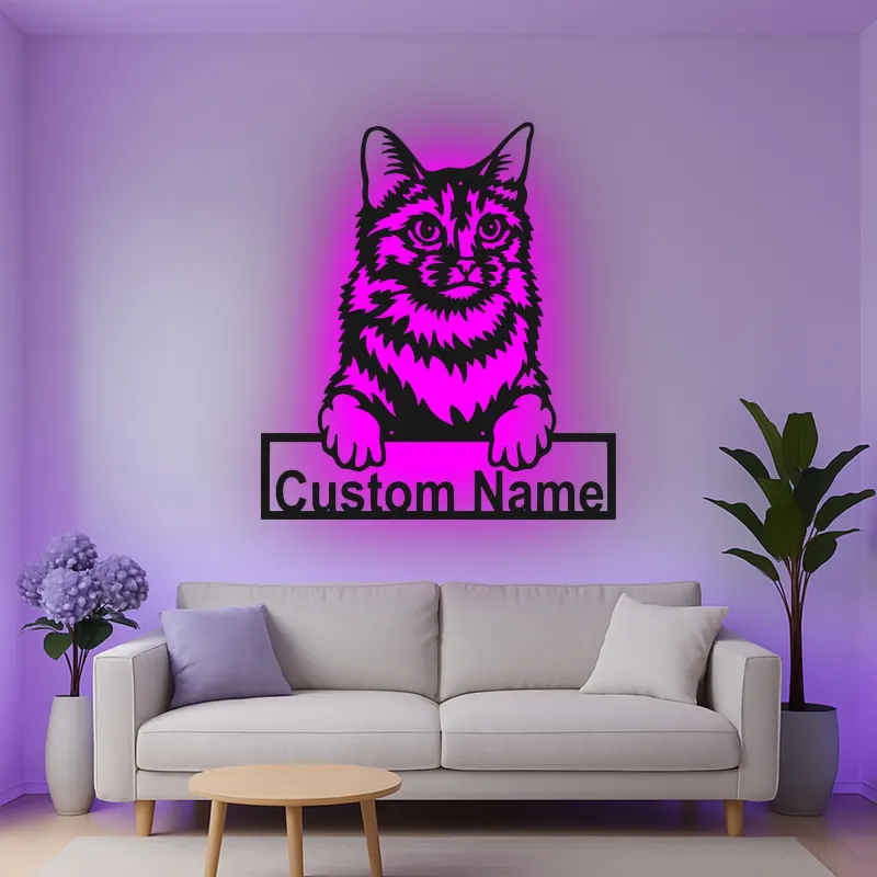 Insegna in metallo personalizzata con luce LED per gatti - Regalo per amanti dei gatti, decorazione per soggiorno o camera da letto