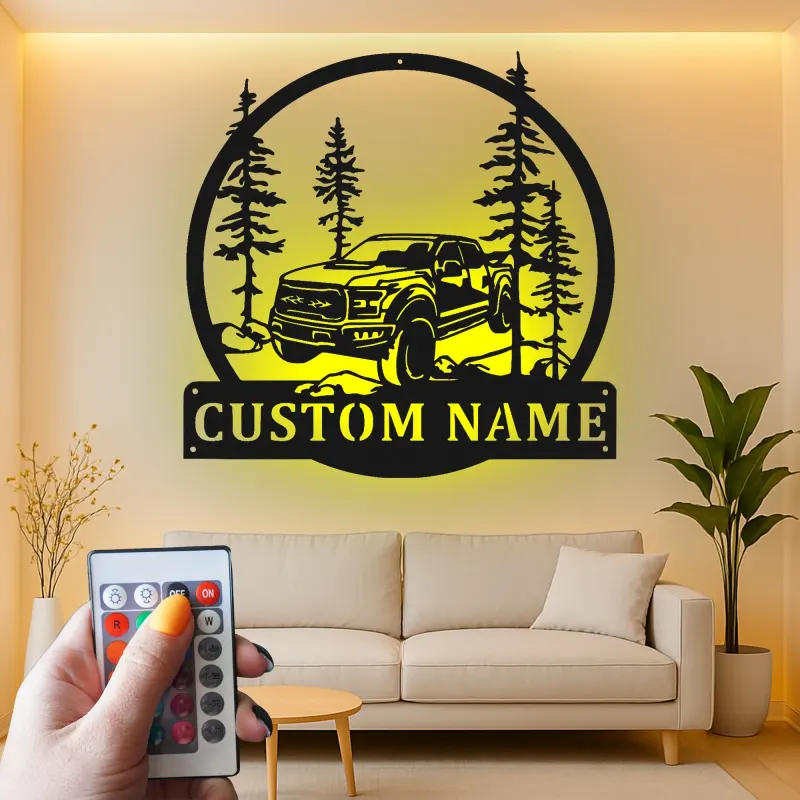 Décoration murale en métal personnalisée avec camion tout-terrain et rétroéclairage LED - Cadeau personnalisé pour passionnés de camions, décor de garage ou de man cave