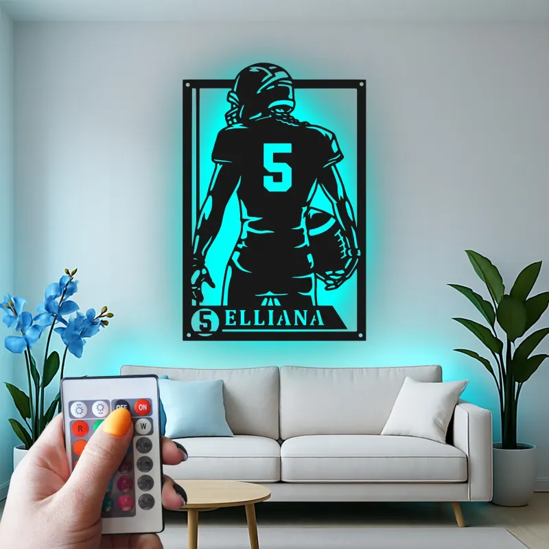 Personalized Football Player Metal Wall Art | Custom LED Sign with Name & Number | Teen Room Decor | Athlete Gift