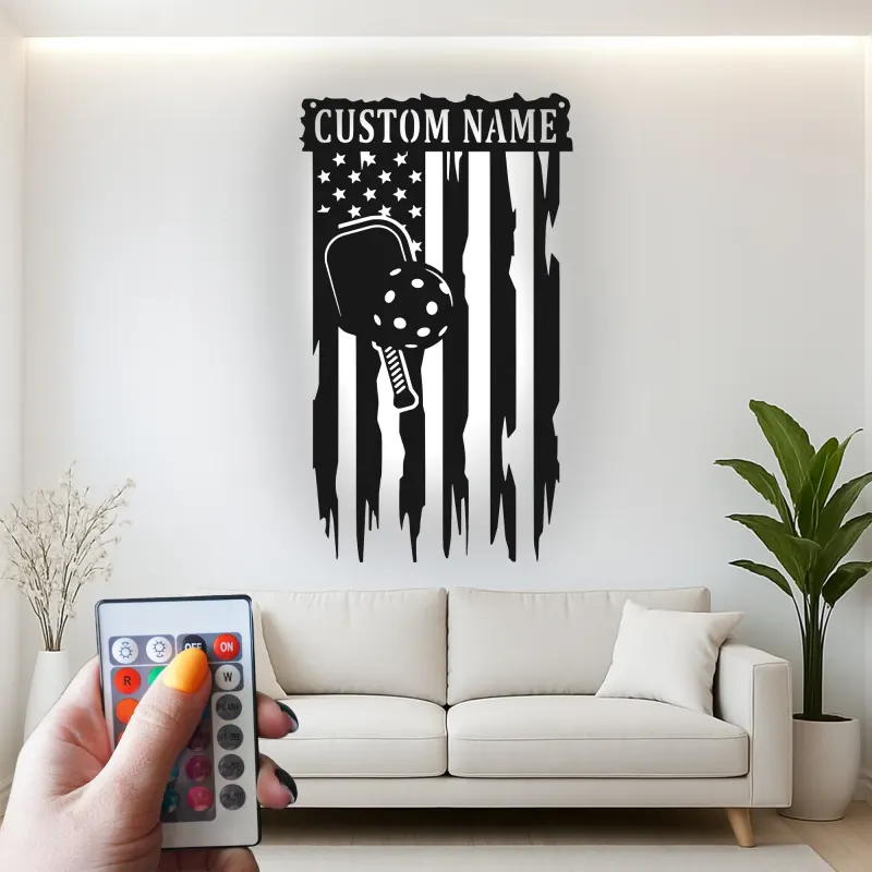 Panneau en métal personnalisé Pickleball | Art mural LED personnalisé | Décoration sportive patriotique pour salle de jeux et salle de gym