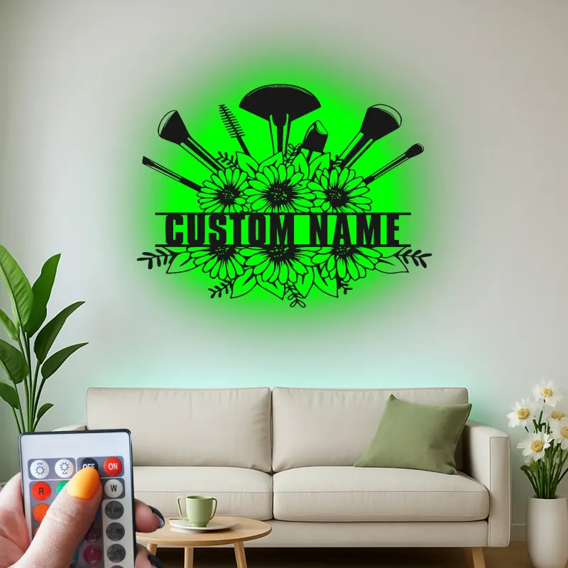 Panneau maquilleuse sur mesure | Décoration murale florale LED en métal | Décor personnalisé pour salon de beauté | Logo coiffeuse