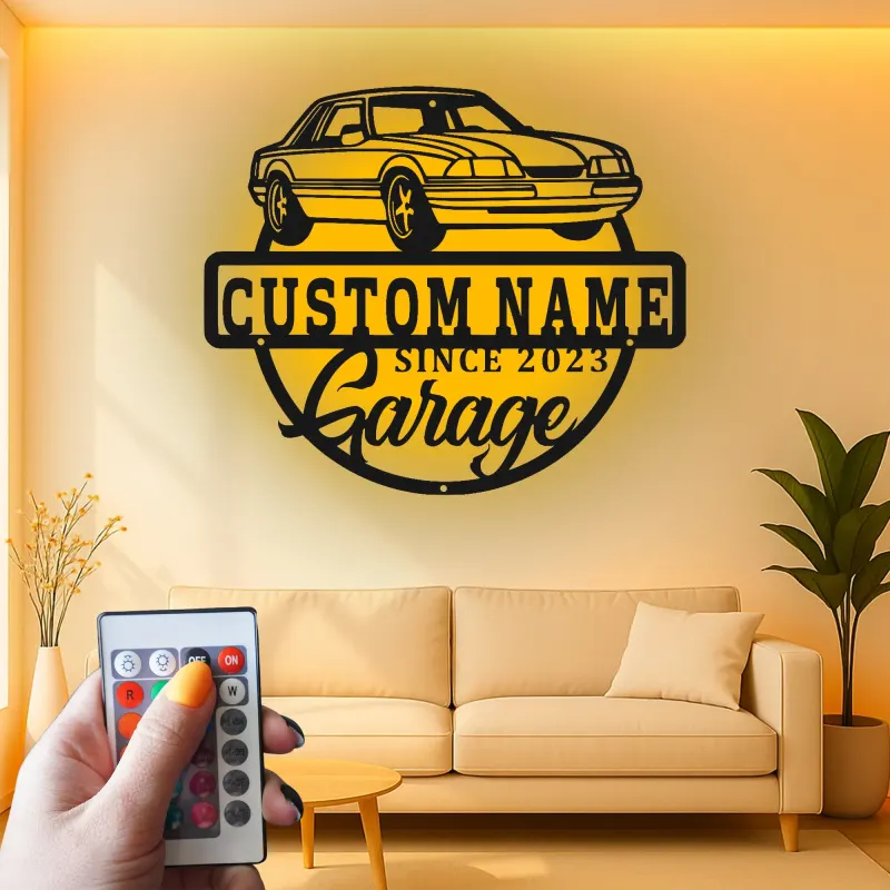 Insegna in metallo LED personalizzata per garage con auto - Regalo per appassionati di auto - Decorazione per pareti del garage 1