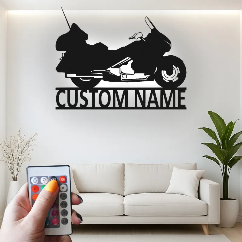 Personalized Motorcycle Metal Wall Art | Custom Biker Name Sign with LED | Touring Bike Garage Decor for Rider
