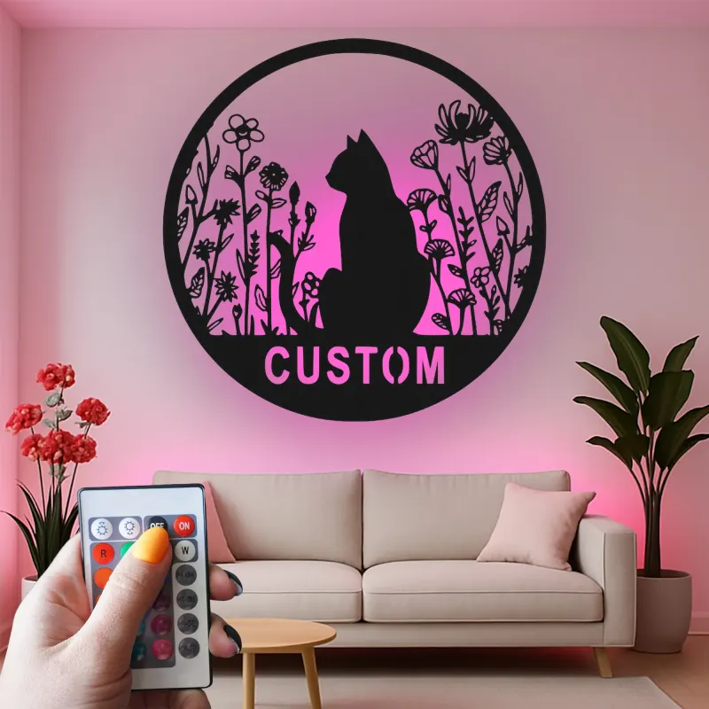 Insegna in metallo personalizzata con silhouette di gatto e luce LED regalo per amanti dei gatti decorazione per camera da letto o soggiorno 1